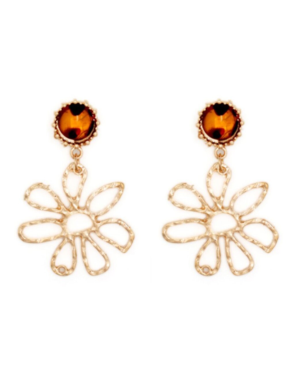 Elegant Gold Plated Floral Drop Earrings with Brown Resin Stone Stud for Women